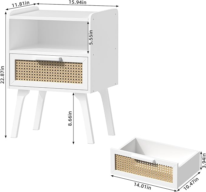 Lerliuo Rattan Nightstands Set of 2, Bedside Table with Drawer Open Shelf, Cane Accent Side End Table with Solid Wood Legs, White Mid Century Night Stand for Bedroom, Dorm and Small Spaces