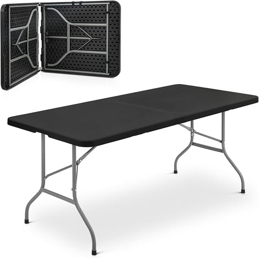 Athena Collection 6 ft Square Folding Dining Table, Large Plastic Foldable Table Portable with Carry Handle, Heavy Duty Fold-in-Half Utility for Indoor Outdoor Party Camping Picnic, Black