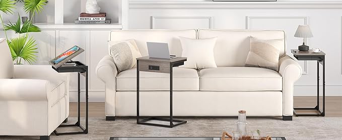 C Shaped End Tables with Charging Station, 45° Tiltable Adjustable Flip Top Side Table with Storage,Small C Table for Small Spaces,Slide Under Couch Sofa Bedside Tables for Living Room, Grey