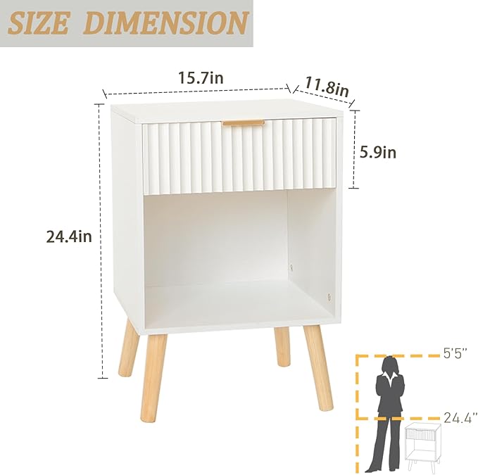 White Nightstand, Modern Bedside Table with Drawer and Opening Storage, Fluted End Side Table Living Room with Solid Wood Legs for Bedroom (White)