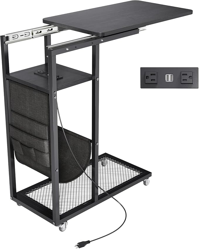 Colima C Shaped End Table with Charging Station (Black, Extra Large)