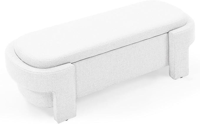 KEIKI 51" Linen Ottoman Bench with Large Storage Space, Upholstered Seating Foot Rest Stool Furniture for Bedroom, Living Room, Entryway, White