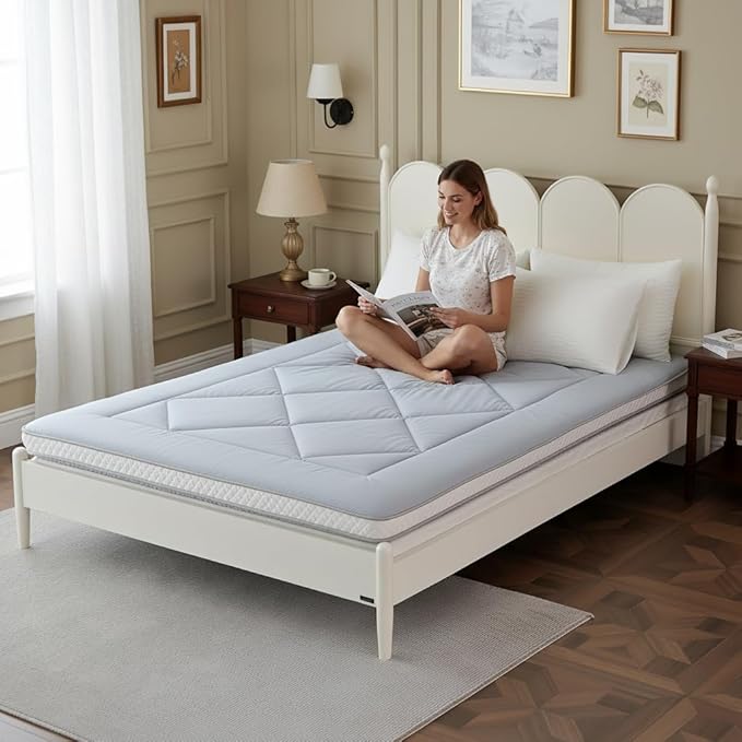 Welnow Japanese Futon Floor Mattress, Thick Queen Size Tatami Mat Portable & Foldable Roll Up Floor Bed Mattress with Storage Bag, Sleeping Pad for Adults, Dorm, Guest Bed, Camping and Travel, Grey