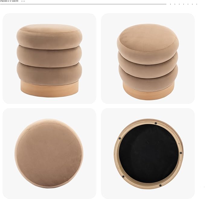 COLAMY Velvet Ottoman Footstool, Tufted Modern Foot Rest Stool with Wood Base for Living Room, Bedroom, Desk, Round Versatile Side End Table, Pouf, Makeup Seat, Camel