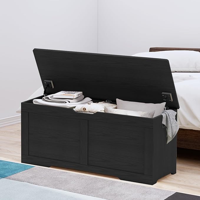 39.4" Storage Chest, Wooden Storage Bench, Lift Top Toy Chest with 2 Safety Hinges, Large Toy Box, Entryway Bench for Living Room, Bedroom, Black