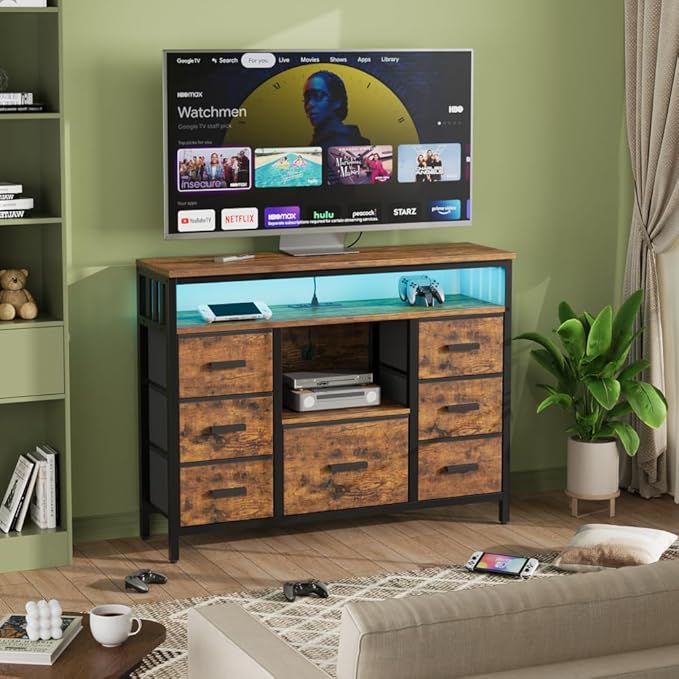 7 Drawer Dresser TV Stand with Power Outlets and LED Lights, Entertainment Center with Open Shelf, Media Console for 50“ TV, Dresser for Bedroom (Brown)