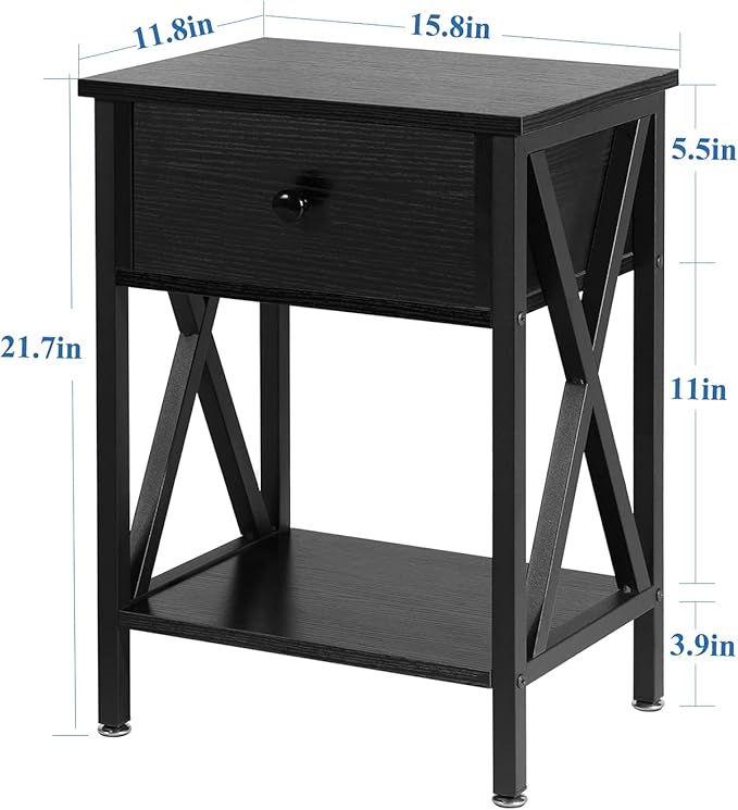 VECELO Nightstands Set of 2, Modern Bedside End Tables, Night Stands with Drawer and Storage Shelf for Living Room Bedroom, Industrial Metal Frame