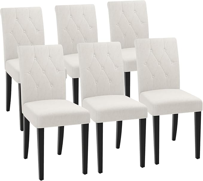 Upholstered Dining Chairs Set of 6, Button Tufted Parsons Dining Chair with Solid Wood Legs, Modern Fabric Side Chair for Dining Room/Kitchen/Restaurant/Hotel- White