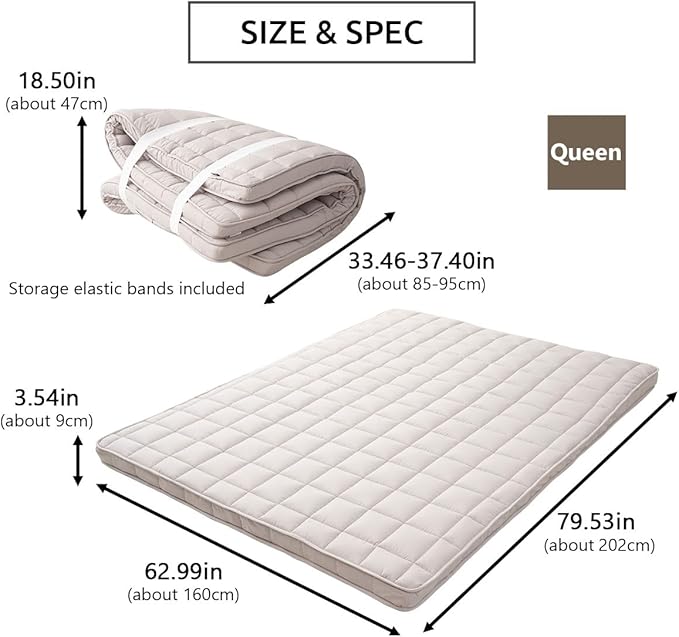 EMOOR Japanese Padded Futon Mattress Machi Queen Gray, Gusset Foldable Storable Elastic Bands Floor Sleeping Guest Bed Tatami Mat