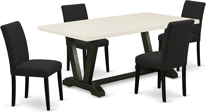 East West Furniture V627AB624-5 5 Piece Dining Set Includes a Rectangle Dining Room Table with V-Legs and 4 Black Color Linen Fabric Upholstered Parson Chairs, 40x72 Inch, Multi-Color