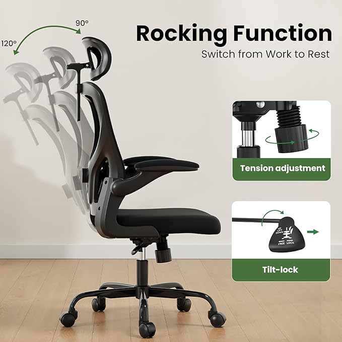 Ergonomic Office Chair, Comfy Home Office Chair High Back Computer Chair with Headrest, Adjustable Back Support, Flip-Up Arms, 90-120° Tilt and Wide Cushion, Up to 300lbs,Black