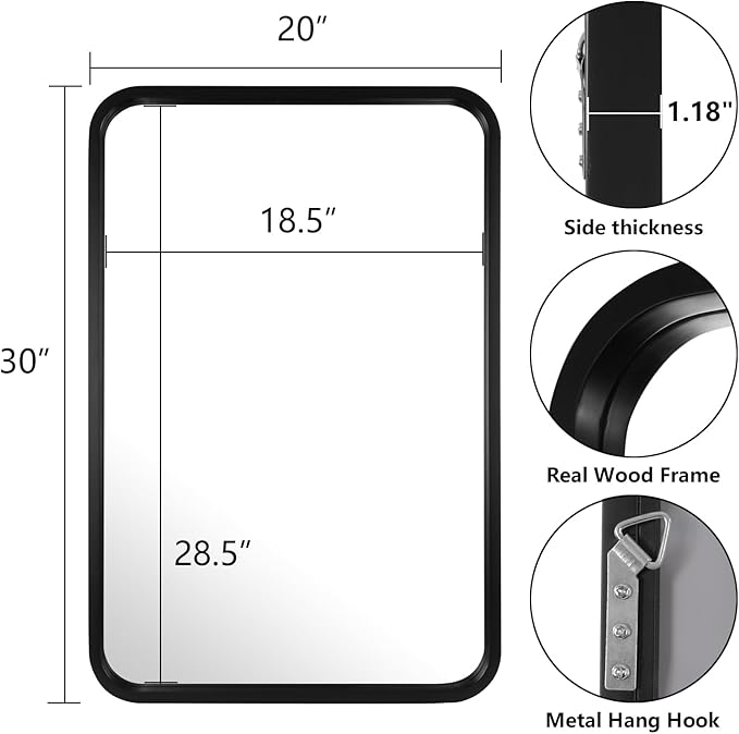 WallBeyond 20x30 Inch Wood Mirror for Bathroom, Wooden Frame Wall Mirror Farmhouse Wall Mounted Rectangle Mirror for Vanity (Horizontal/Vertical Black Color)