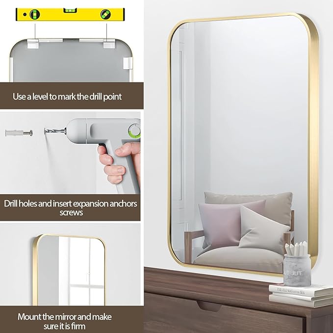 Gold Bathroom Mirror, 40x30 Inch Brushed Gold Mirror, Aluminum Alloy Framed Rectangle Bathroom Mirror for Over Sink, Anti-Rust Wall Mirror (Horizontally or Vertically)