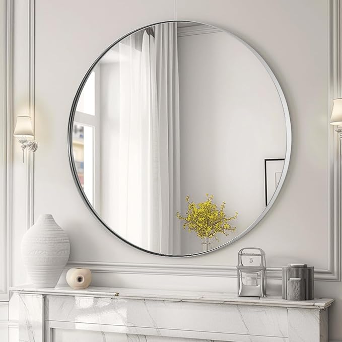 ANDY STAR Round Chrome Mirror, 30 inch Round Chrome Mirror, Circle Bathroom Mirror for Bathroom in Stainless Steel Metal Frame