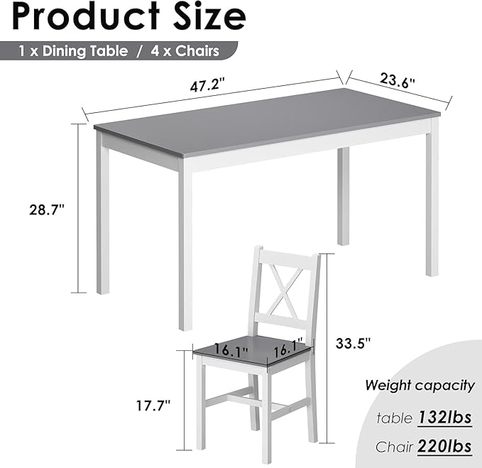 sogesfurnituer 5 Piece Kitchen Dining Room Table Sets for 4, Modern Space-Saving Dining Furniture, 47.5'' Pastoral Rectangular Dining Table Furniture Set for Kitchen, Grey&White