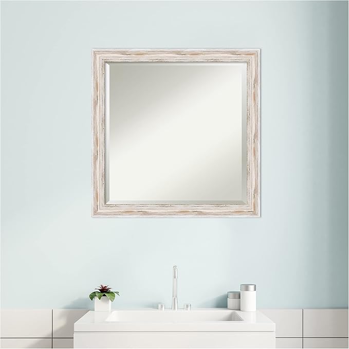 Amanti Art White Bathroom Mirror for Over Sink, 23x23 Alexandria White Wash Narrow Square Vanity Mirror, Medium Coastal Wood Frame, Hangs Horizonally and Vertically, Bathroom Wall Decor, Beveled Edge
