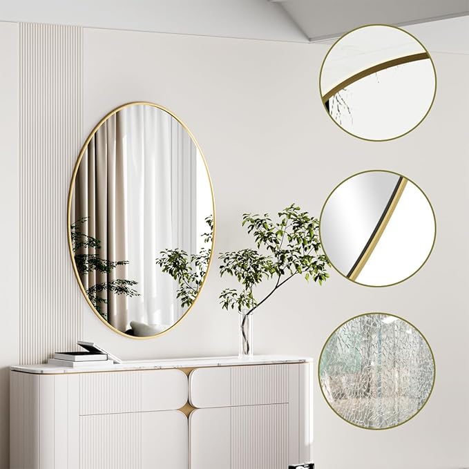 Koonmi Gold Oval Bathroom Mirror, 24"x36" Bathroom Vanity Mirror, Oval Mirror for Bedroom Living Room Entryway, Hangs Horizontal or Vertical