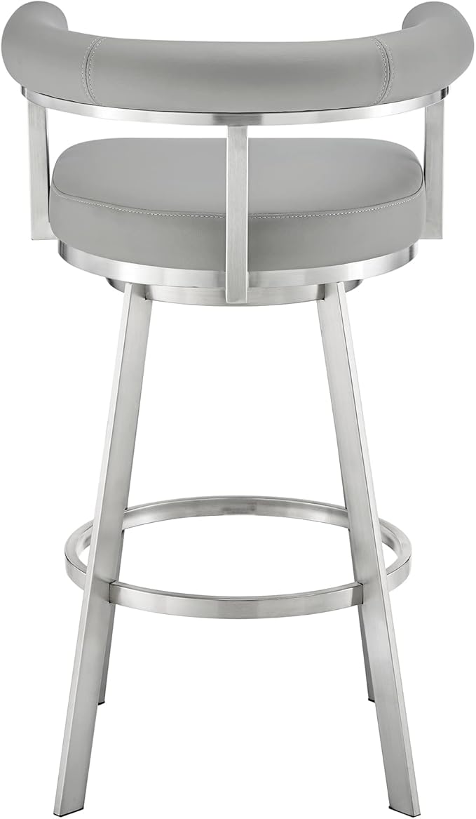 Armen Living Magnolia Swivel Counter Stool in Brushed Stainless Steel with Light Grey Faux Leather