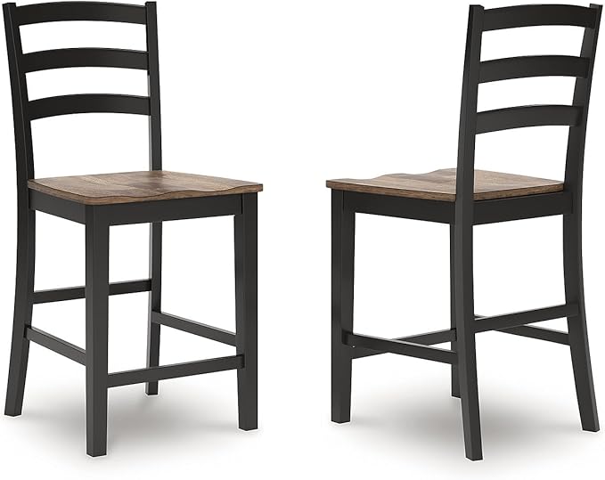 Signature Design by Ashley Wildenauer Farmhouse Armless Ladder Back Counter Height Bar Stool with Footrest, Set of 2, Light Brown & Black