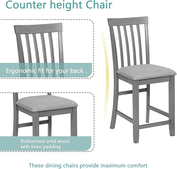 KEIKI 5-Piece Counter Height Dining Table Set with Square Table and 4 Upholstered Vertical Slatted Backrset Chair, for 4 Person, Modern Wooden Table Set, Easy Assembly, for Kitchen, Dining Room, Gray