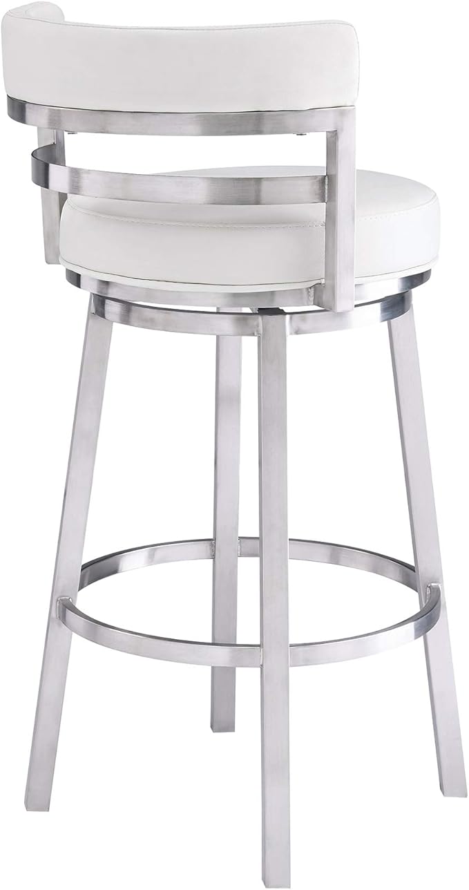 Armen Living Madrid 30" Seat Height Swivel White Faux Leather and Brushed Stainless Steel Bar Stool for Kitchen Island Counter