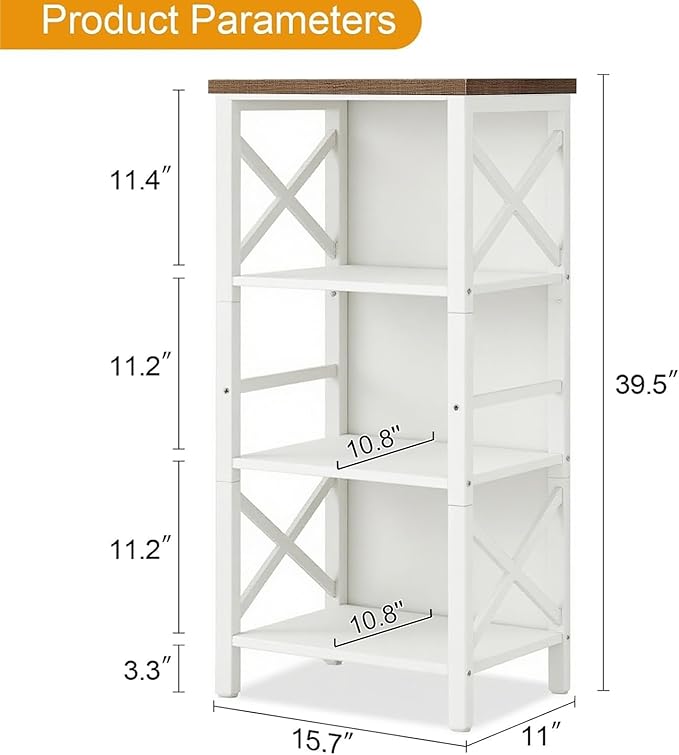 Small Bookshelf,4 Tier Industrial Bookcase with Metal Frame and Backboard,Narrow White Book Shelf,Book case for Small Spaces,Living Room,Bedroom and Home Office