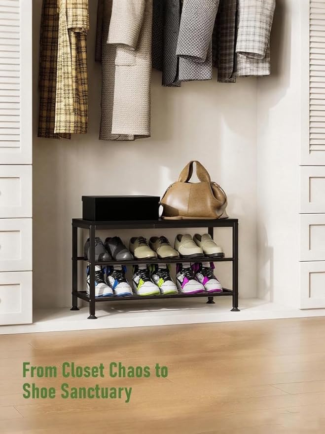3-Tier Shoe Rack Bench - Entryway Organizer with Shoe Storage, Sturdy Shoe Shelf for Front Door, Small Space Saving Furniture, Black, Holds 286lbs,27.2" x 12.0" x 15.9"