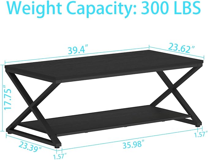 HSH Black Modern Minimalist Metal Wood Living Room Table with Storage Shelf, 39 Inch 2 Tier Rectangle Center Coffee Table