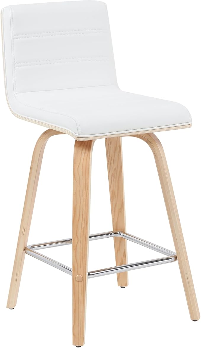 Vienna Modern Counter Height Swivel Bar Stool with White Faux Leather Seat and Patterned Oak Wood Frame Set of 4