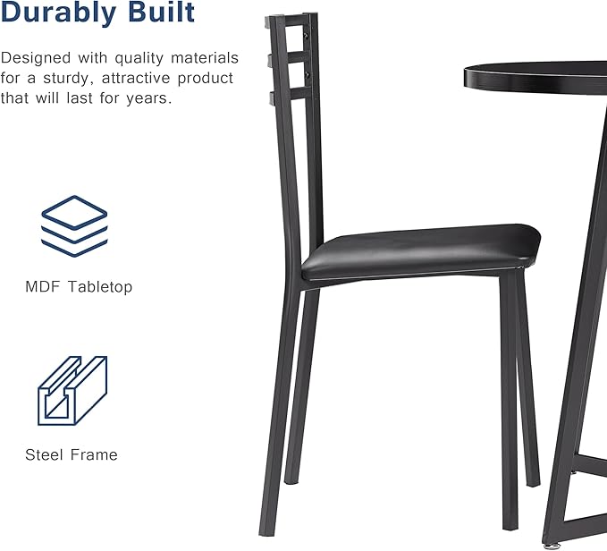 VECELO Small Round Dining Table Set for 2, Heavy-Duty Metal Frame & Upholstered Chair for Breakfast Nook, Kitchen, and Small Space, Black