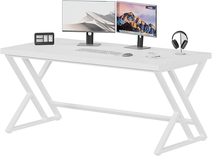 LVB Modern White Computer Desk, Long Industrial Home Office Desk for Student, Large Metal Wood Writing Study Work Desk, Farmhouse Executive Gaming Computer Table for Bedroom Living Room, White, 60 in