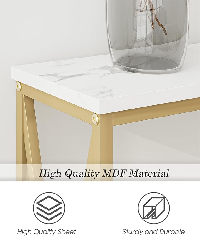 Masupu 63" Console Table, Modern Narrow Long Sofa Table Behind Couch, Skinny Entry Table, Industrial Sofa Table with Metal Frame for Hallway, Living Room, Marble White