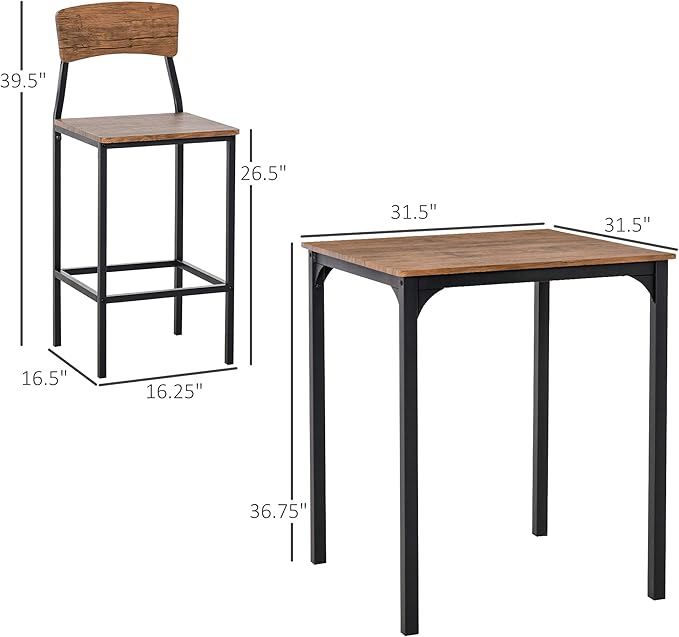HOMCOM 3 Piece Industrial Counter Height Dining Table Set, Bar Table & Chairs with Steel Legs & Footrests, Black