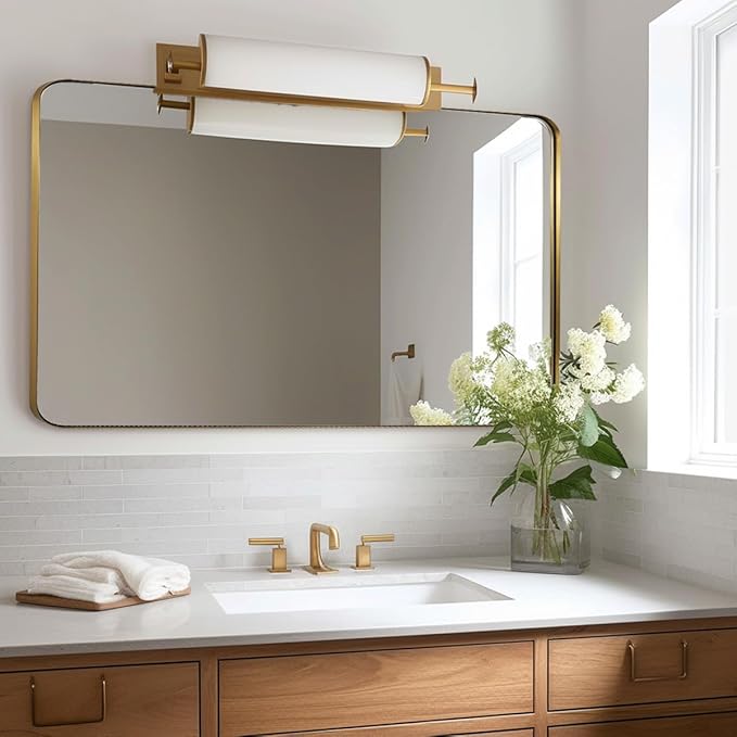 ANDY STAR Gold Bathroom Mirror, 22" x 30" Brushed Brass Metal Wall Mirror, Rounded Rectangle Mirror for Vanity, Framed in Premium Stainless Steel…