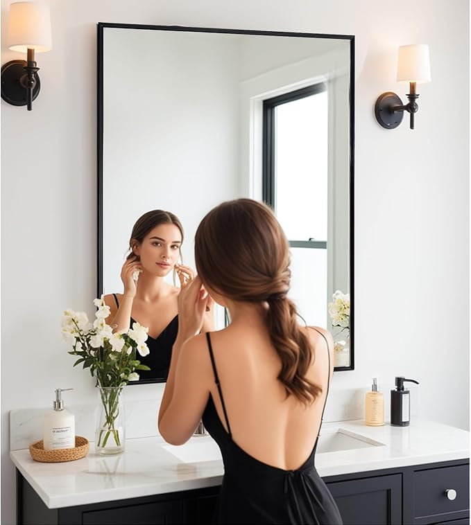 Bathroom Mirror, 30x48 Inch, Black Frame, Rectangle, Wall Mounted, Metal Framed Vanity Mirror, Modern, Hangs Horizontal Or Vertical