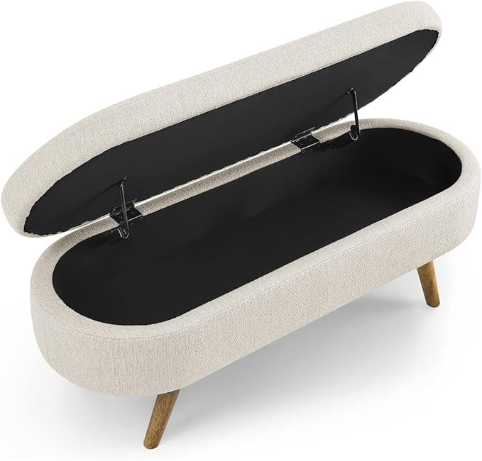 Oval Storage Bench 43.5" Linen Fabric Upholstered Entryway Bench with Solid Wood Legs Ottoman Bench Indoor Bench for Living Room/Bedroom/End of Bed/Entryway (Beige)