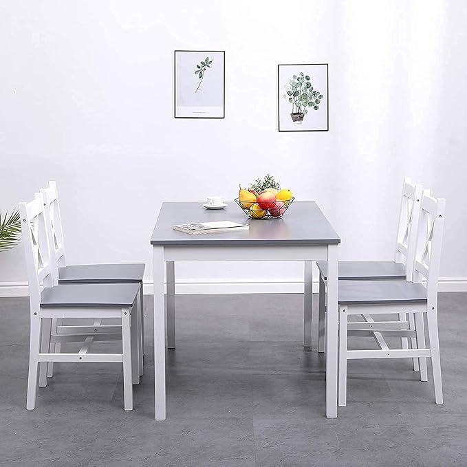 soges Dining Table Set for 4, 42.5 inch Pine Wood Dining Room Table with 4 Chairs, 5-Piece Kitchen Table Chairs Set for Small Space, Apartment, Dinette, Breakfast, White and Grey