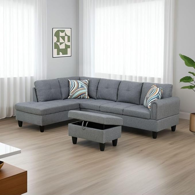Grey-1 L-Shaped 3-Piece Linen Sofa with Storage Ottoman Set, Sectional Couch Sofa Set for Living Room, Office, Small Space