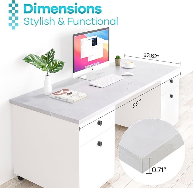 Kaboon Universal Tabletop 55"x23.62", Solid One-Piece Melamine Table Top, Double Desk L-Desk DIY, Home and Office Countertop, White Rock