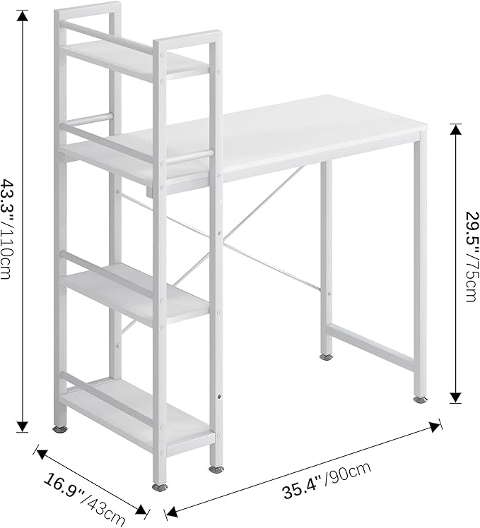4NM 35" Small Computer Desk with 4-Tier Bookshelf, Home Office Desk Writing Workstation Study Table Multipurpose for Small Space Work - All White
