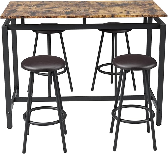 5-Piece Bar Table and Chairs Set, 47.2'' Pub Table Set with 4 Stools, Counter Height Table and Chairs Set of 4 for Breakfast Nook Living Room Small Space Restaurant, Black+Brown