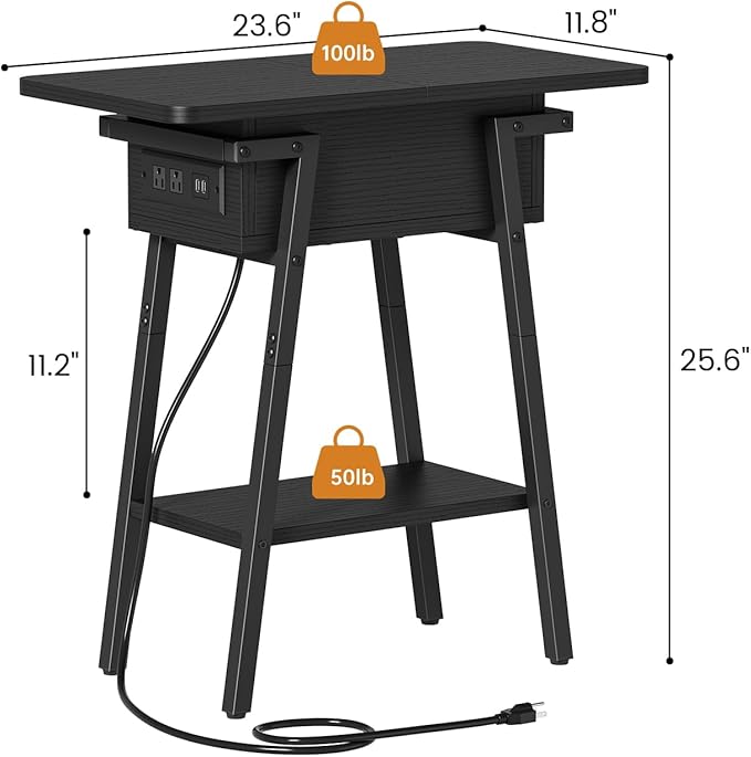 End Table with Charging Station, Flip Top Side Table with USB Ports and Outlets, Bedside Tables for Small Spaces,Nightstand with Storage Shelf for Living Room, Bedroom, Black