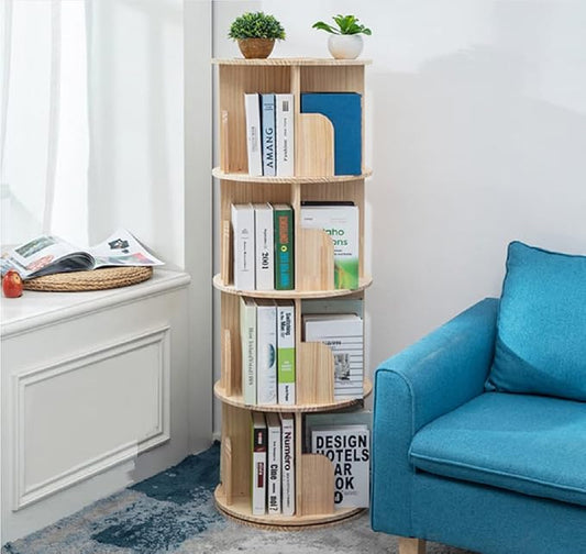 Heehee Rotating Wooden Bookshelf 360 Display 4 Tier Floor Standing Bookcase Storage Rack for Kids&Adults Solid Wood Bookshelf Organizer