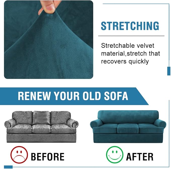 H.VERSAILTEX Sofa Slipcovers - 4 Piece Thick Velvet Couch Covers for 3 Cushion Couch with 3 Individual T Cushion Covers, Deep Teal