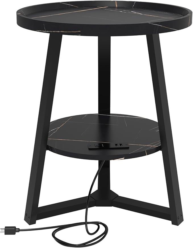 Round End Table with Charging Station, 19.7" Dia x 23.63" H, Side Table with Storage Shelf, for Living Room, Bedroom, Faux Marble Top, Black