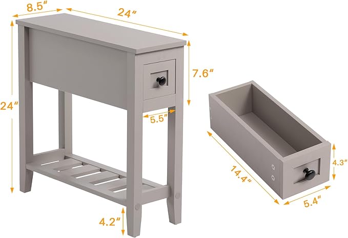 Gery Chairside Narrow End Table, Solid Recliner Side Table with Drawer, Slim Nightstand Bedside Table for Living Room Bedroom