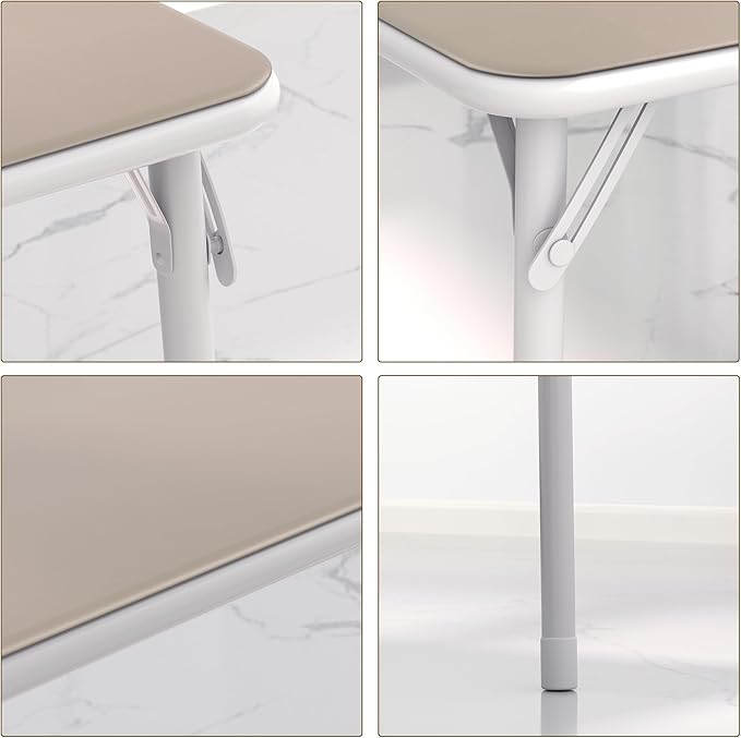 VECELO Portable Folding Card Table Square and Chair Set (5pc) with Collapsible Legs & Vinyl Upholstery, Metal, Beige