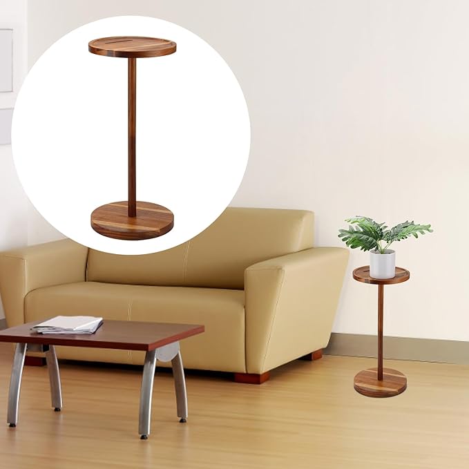 Acrylic Drink End Table, Clear Drink Table for Small Spaces with Anti-Slip Pads, 9.8" Round Modern Side Coffee Table for Living Room/Bedroom/Bathroom/Office/Outdoor/Business (Wood, Brown)
