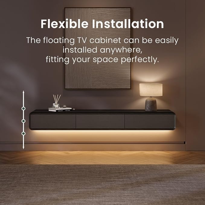 Minimalist Floating TV Stand with LED Lights, Modern Wall-Mounted Media Console with 3 Flip-Down Cabinet Doors for 55 Inch TV, Fully-Assembled, Black Oak, 63"