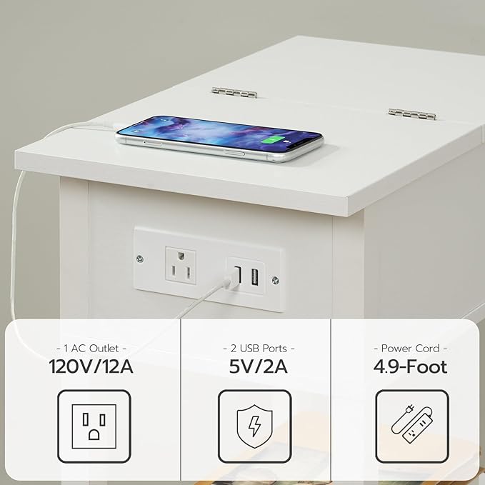 HOOBRO End Table with Charging Station, Flip Top Side Table with USB Ports, Narrow Nightstand Bedside Tables with Storage Shelves, for Small Space, Living Room, White WT141UBZ01